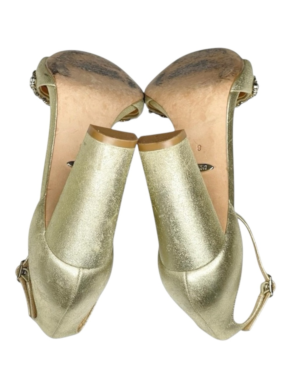Badgley Mischka ❧ Barby Crystallized Heeled Sandals ❧ Gold Shimmery Leather ❧ 8M - Picture 11 of 16